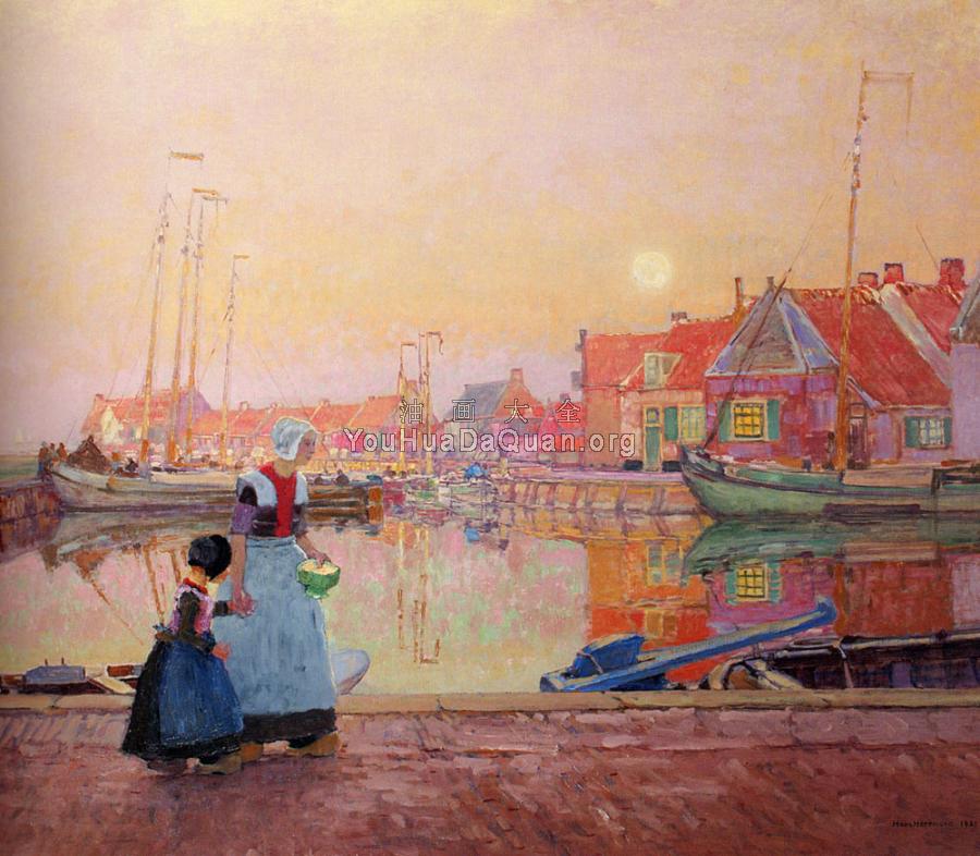 A Dutch Fishing village At Dusk With Figures On A Quay - 汉斯·赫尔曼